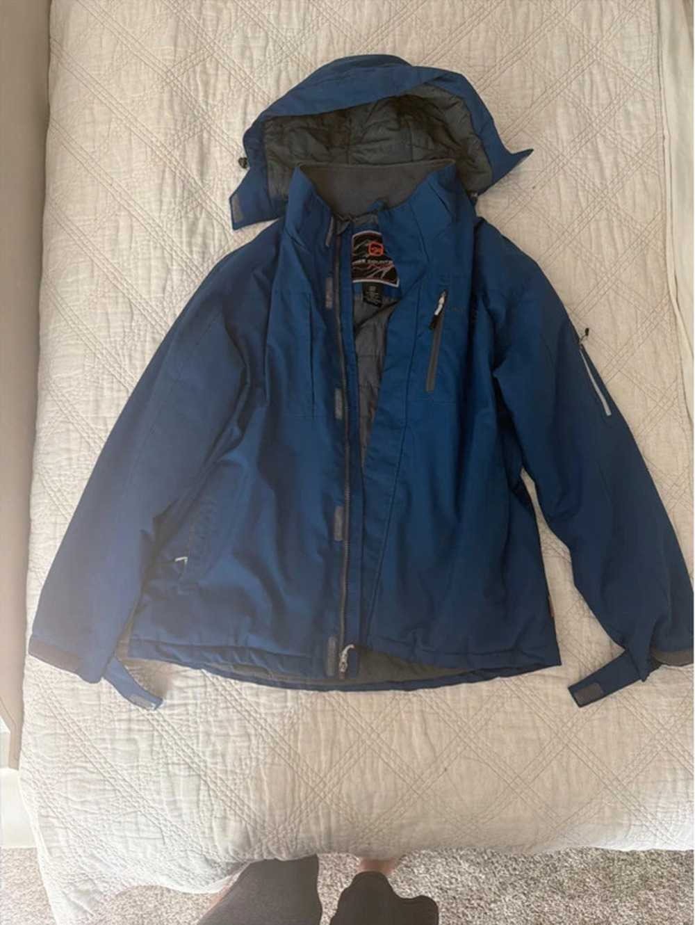 Free Country Men’s Large Insulated Jacket Blue Gray Hooded Outdoor Winter Coa